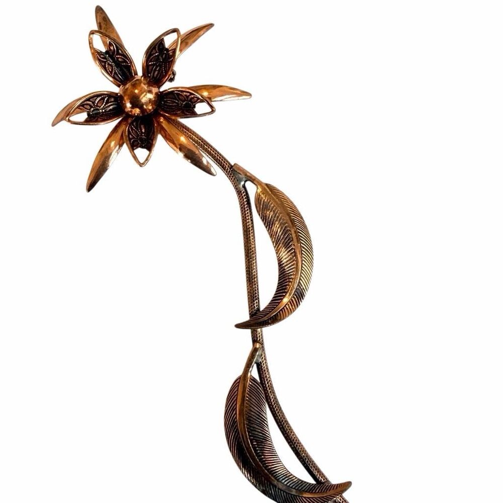 Vintage Solid Copper Long Stem Floral Brooch - image 5